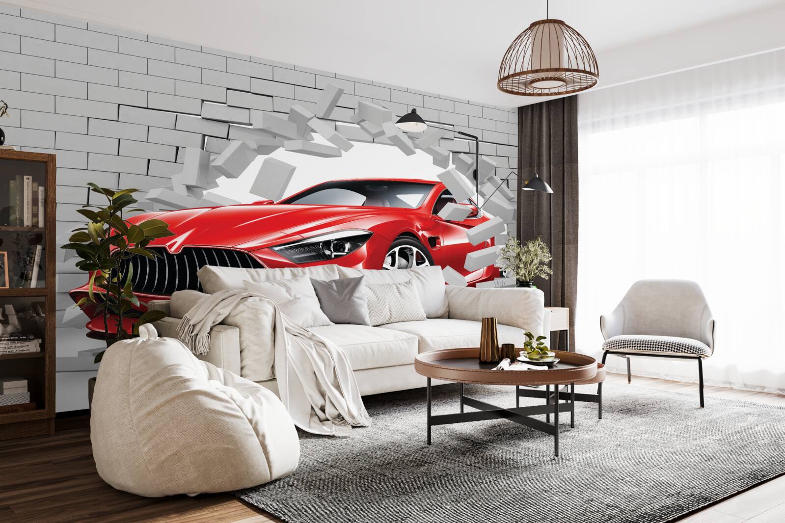 Fototapeta červené auto prerazí tehlový múr