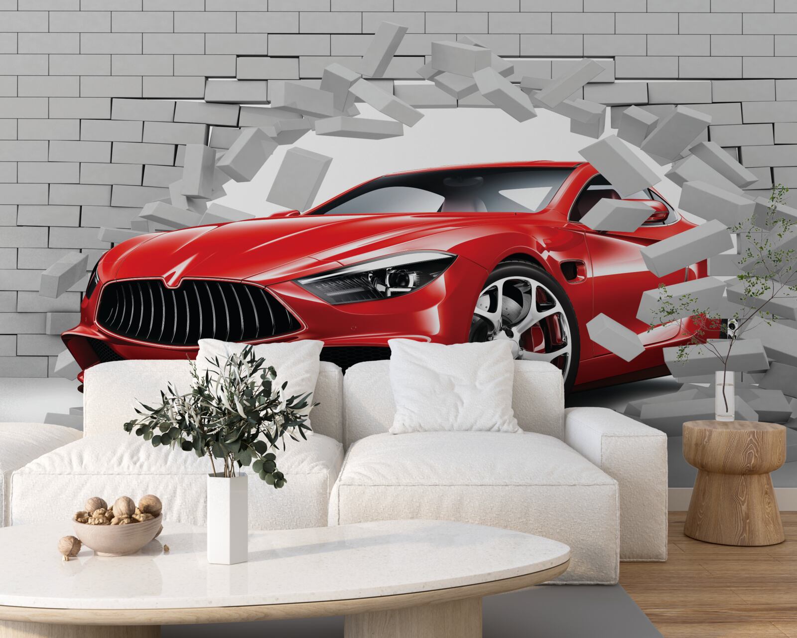 Fototapeta červené auto prerazí tehlový múr