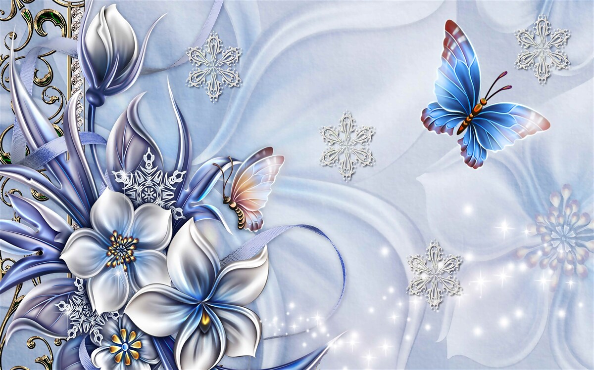 Fototapeta motýle poletujú nad zasneženými modrými kvetmi