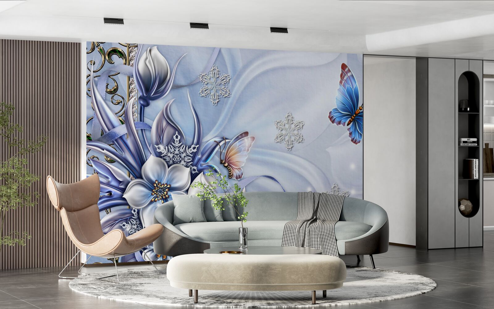 Fototapeta motýle poletujú nad zasneženými modrými kvetmi