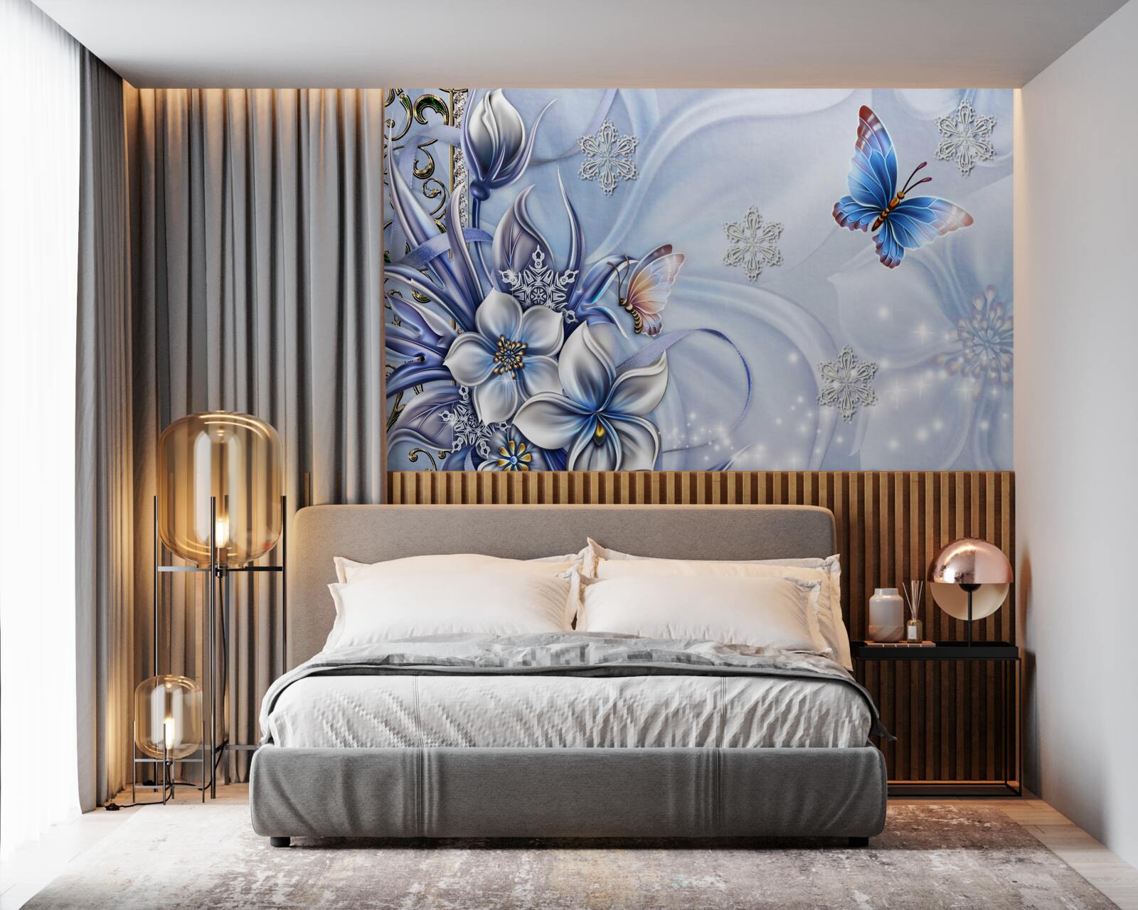 Fototapeta motýle poletujú nad zasneženými modrými kvetmi