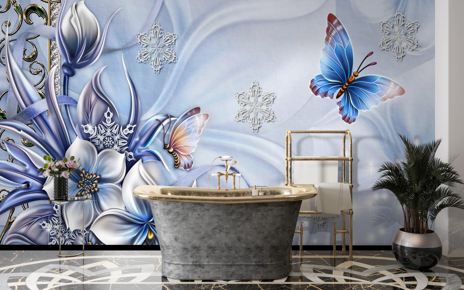 Fototapeta motýle poletujú nad zasneženými modrými kvetmi