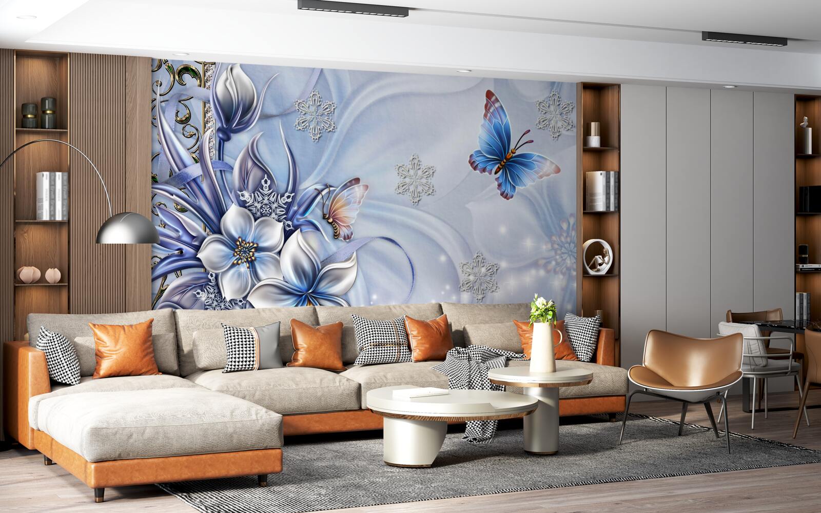 Fototapeta motýle poletujú nad zasneženými modrými kvetmi