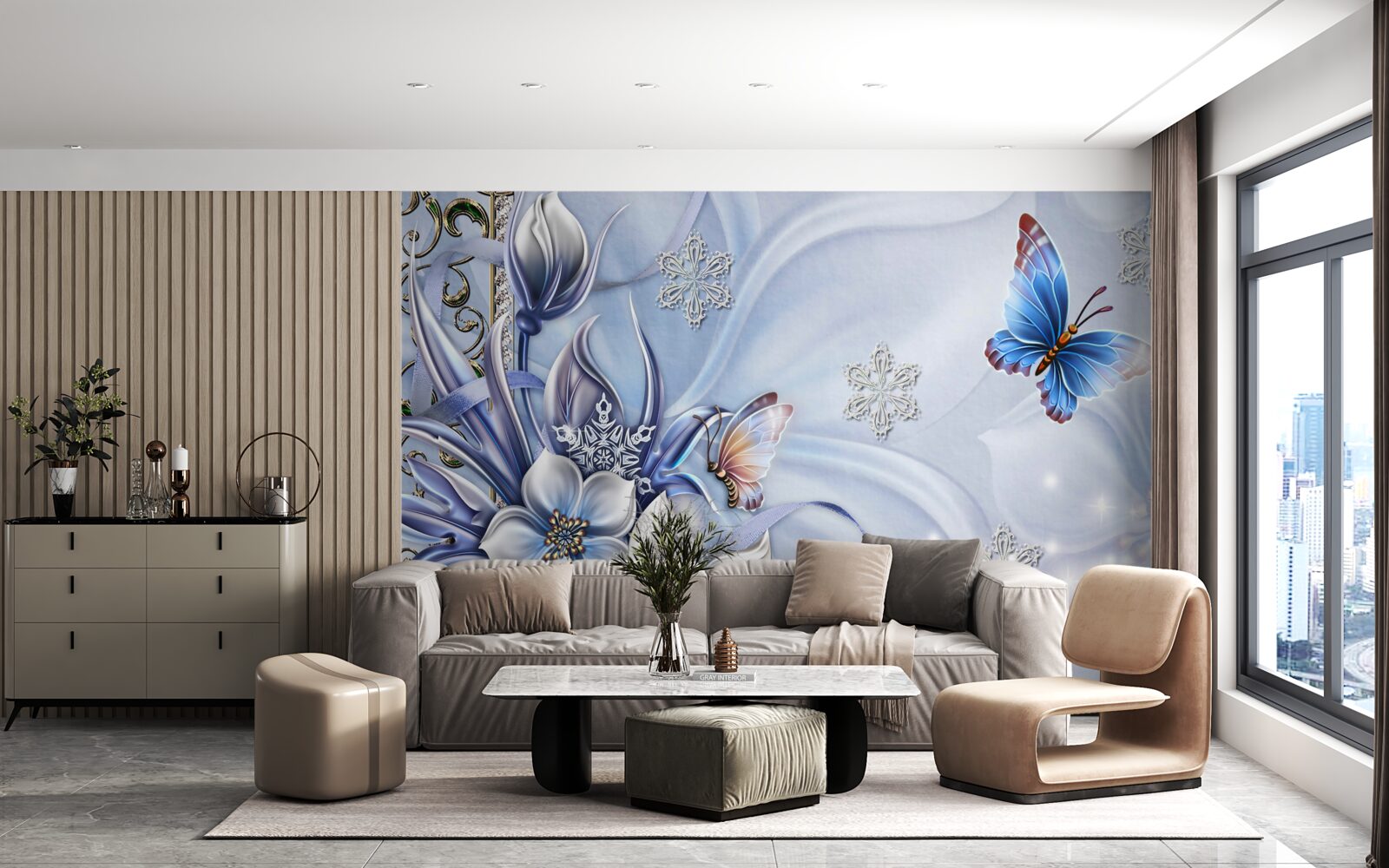 Fototapeta motýle poletujú nad zasneženými modrými kvetmi