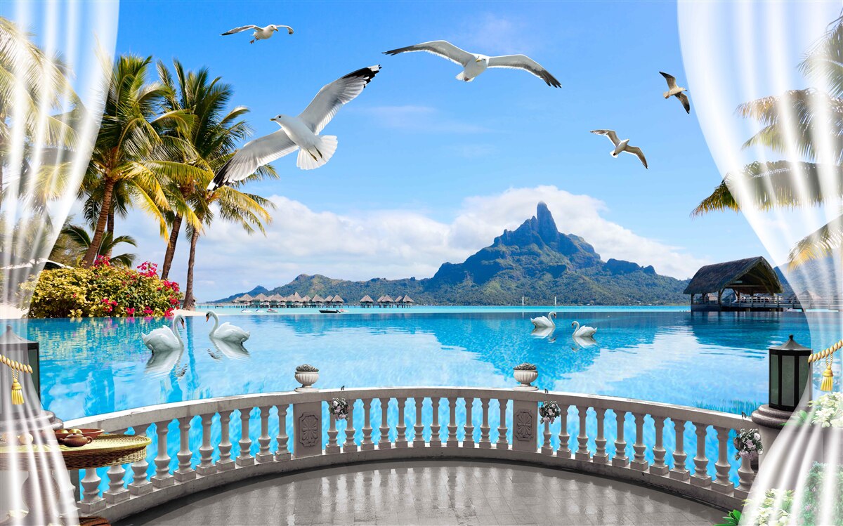 Fototapeta terasa s výhľadom na hory a rybník