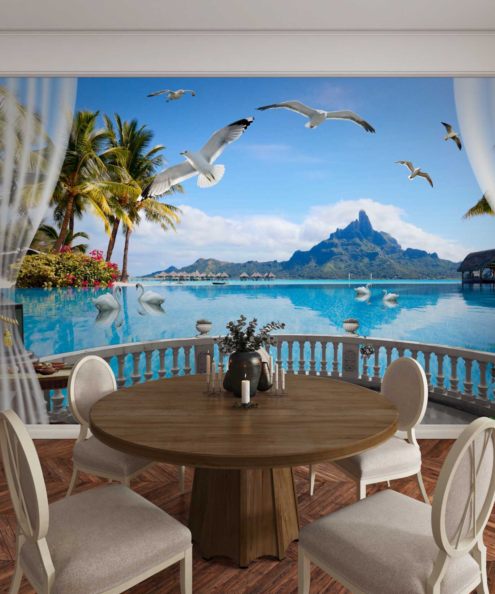 Fototapeta terasa s výhľadom na hory a rybník