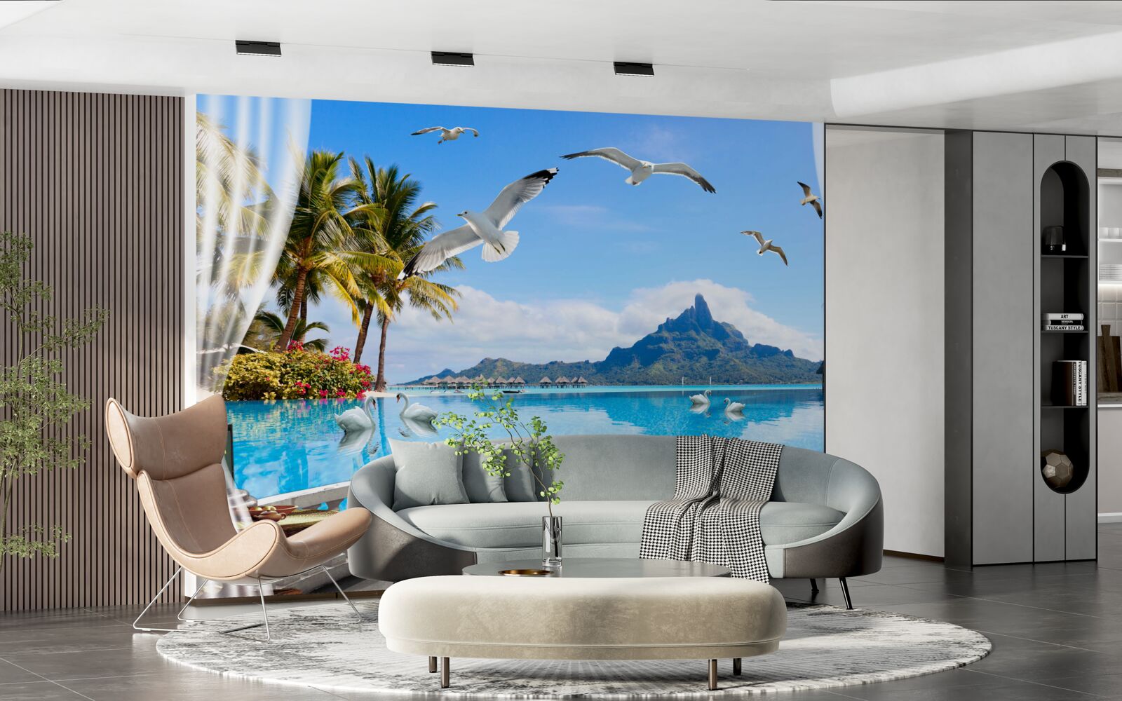 Fototapeta terasa s výhľadom na hory a rybník