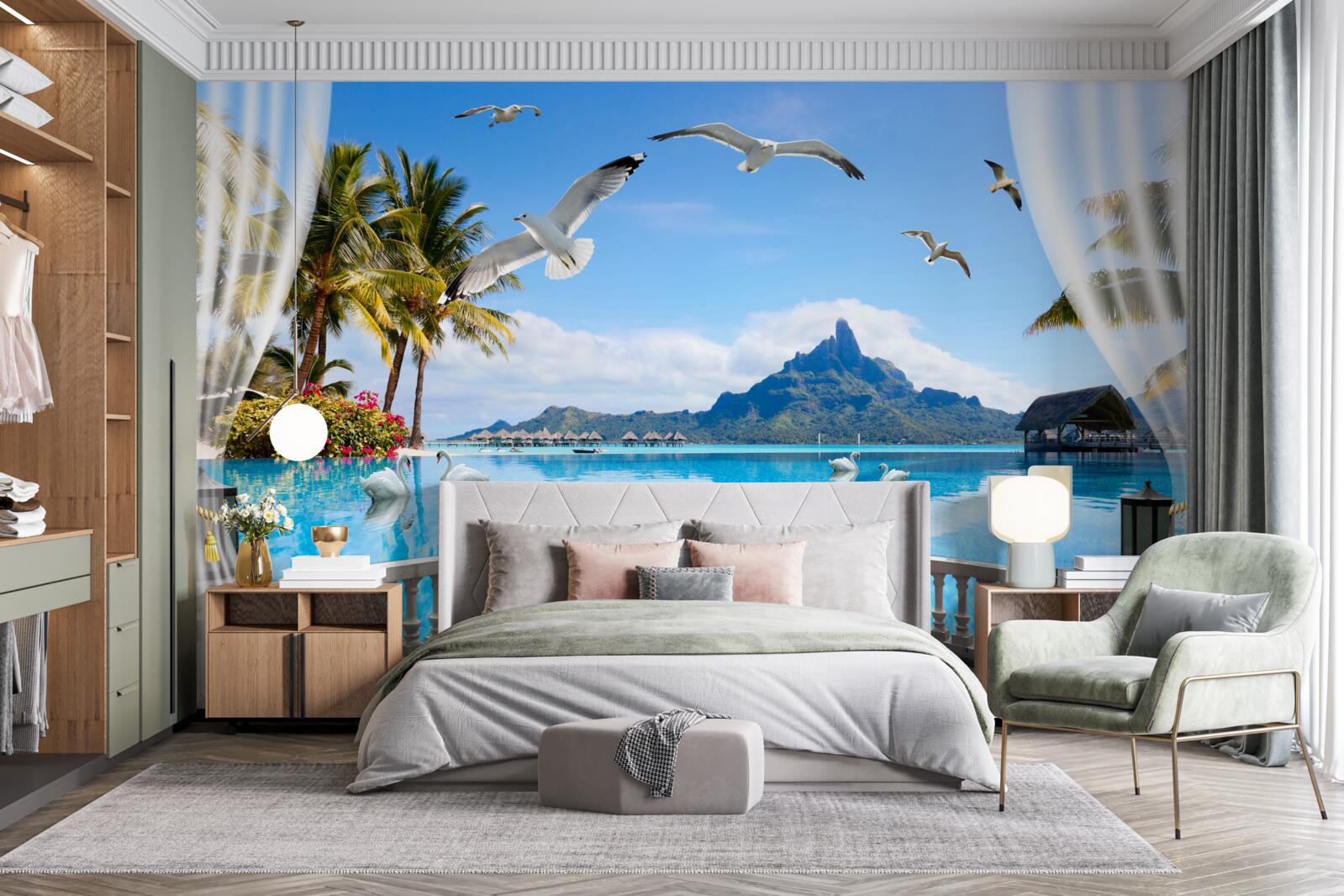 Fototapeta terasa s výhľadom na hory a rybník