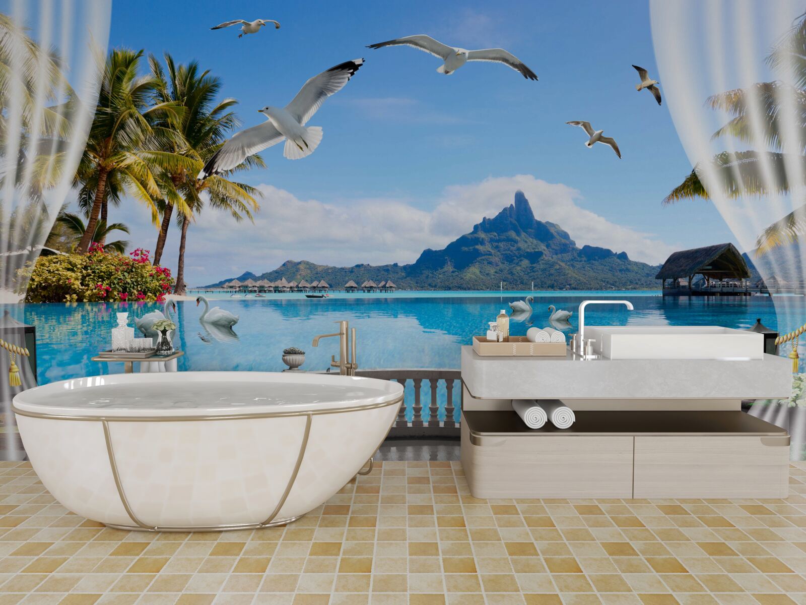 Fototapeta terasa s výhľadom na hory a rybník