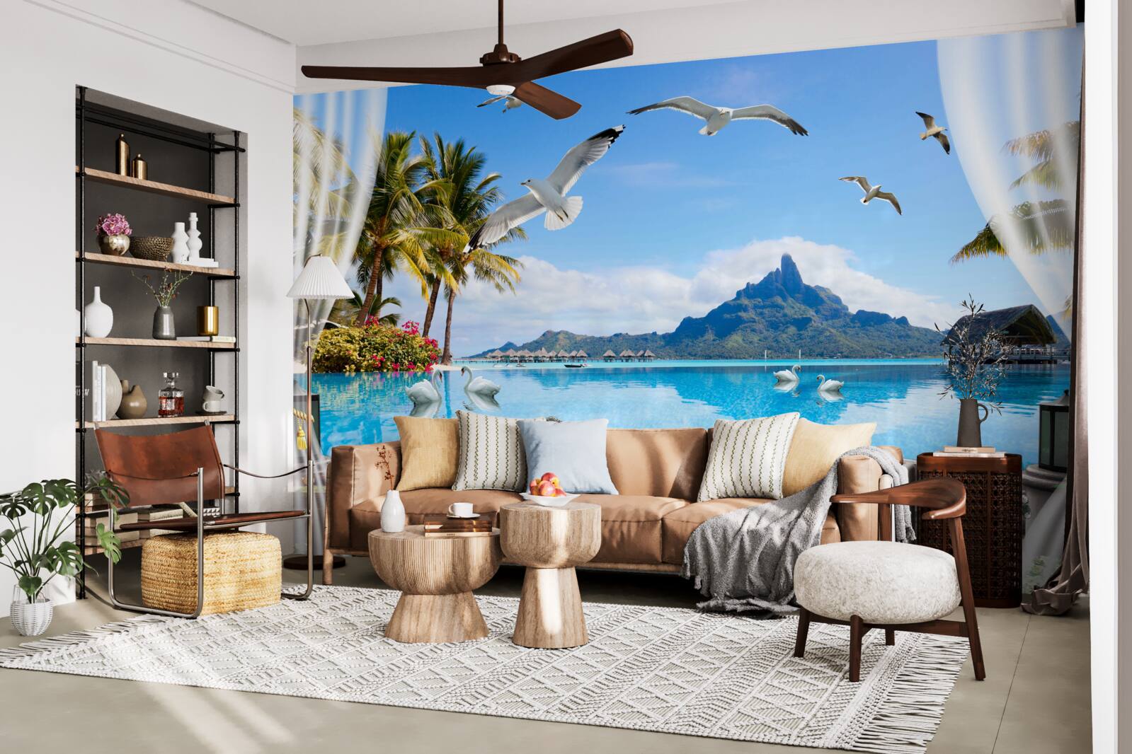 Fototapeta terasa s výhľadom na hory a rybník