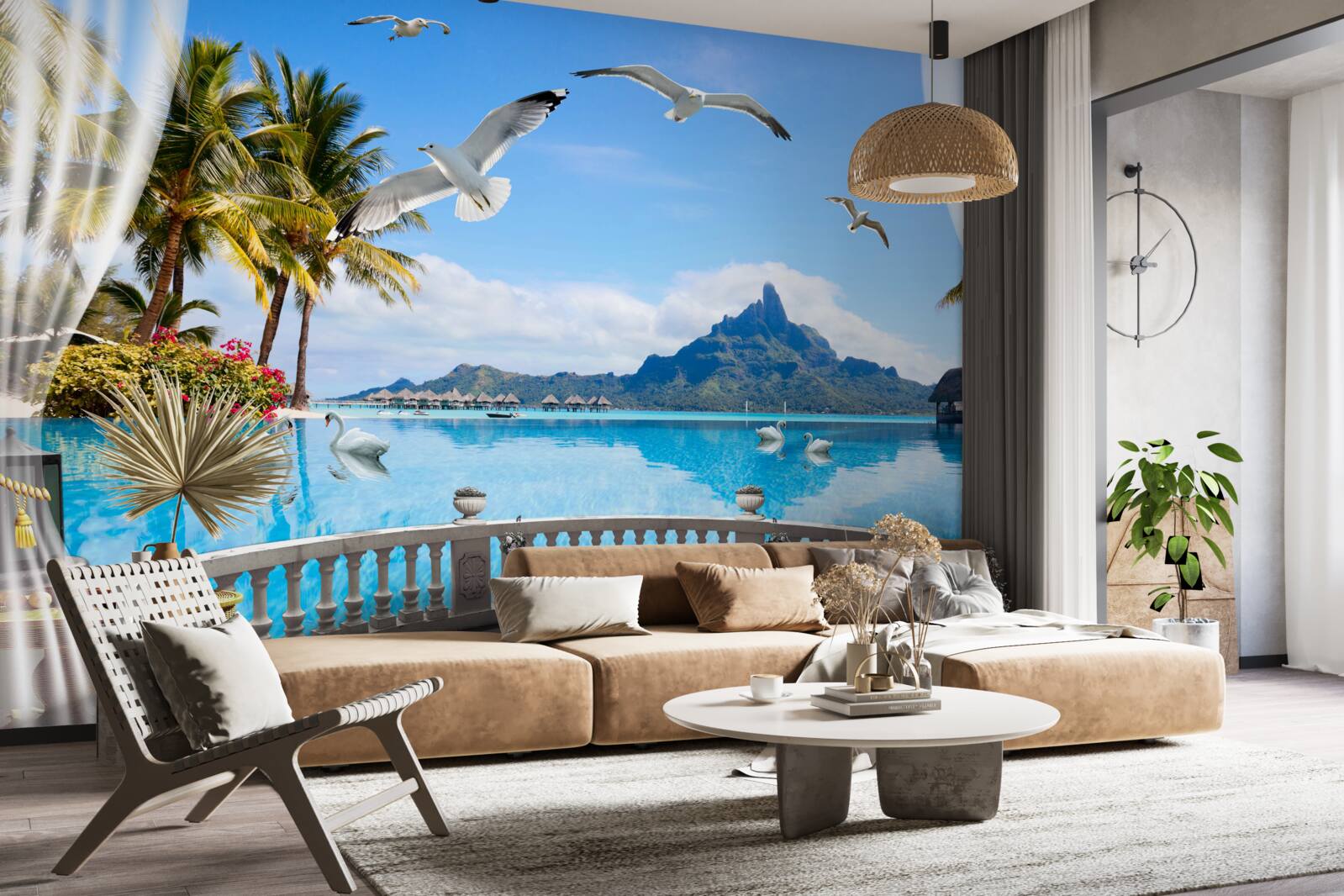 Fototapeta terasa s výhľadom na hory a rybník