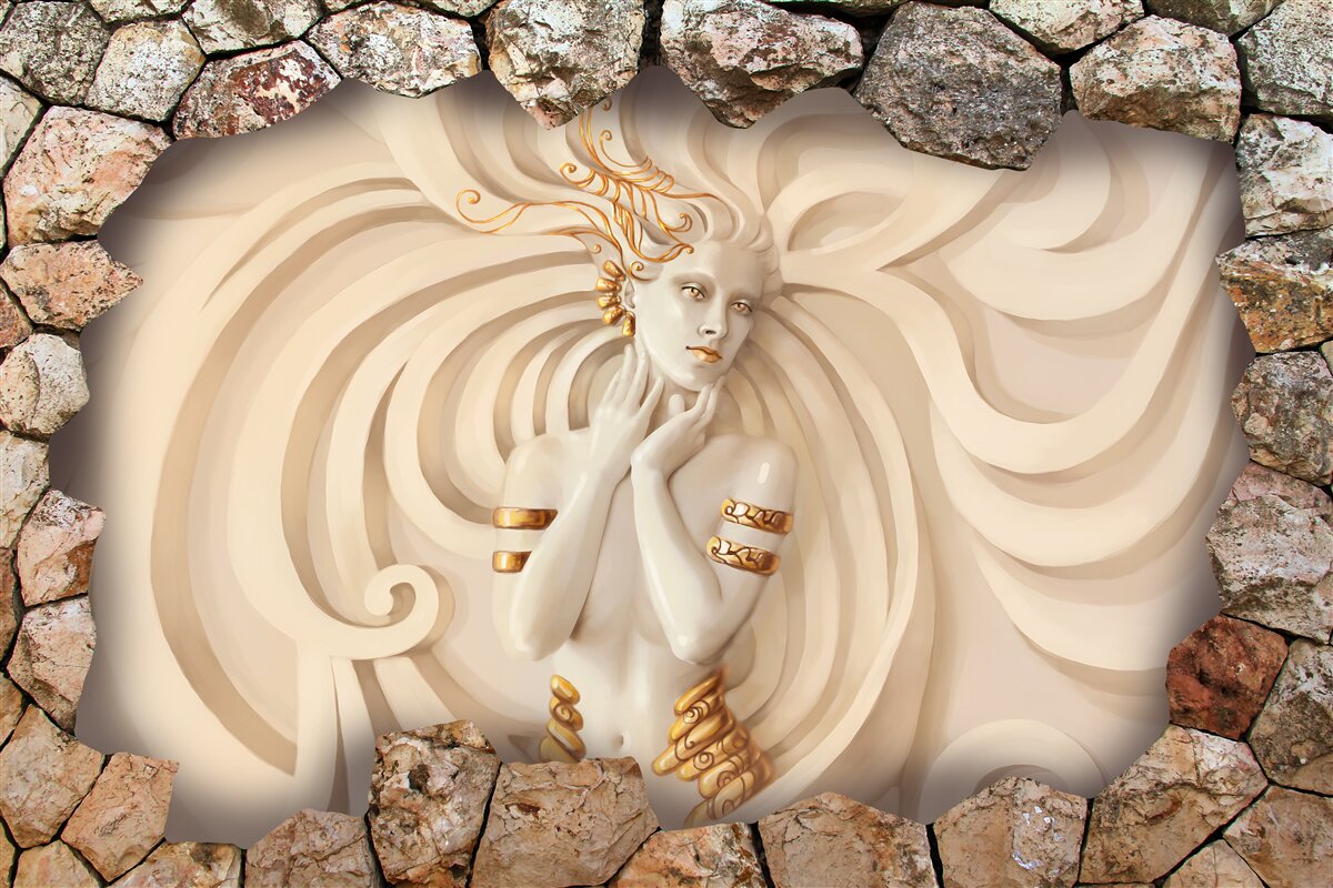 Fototapeta obraz dievčaťa s dlhými vlasmi a zlatom vo vnútri kameňa