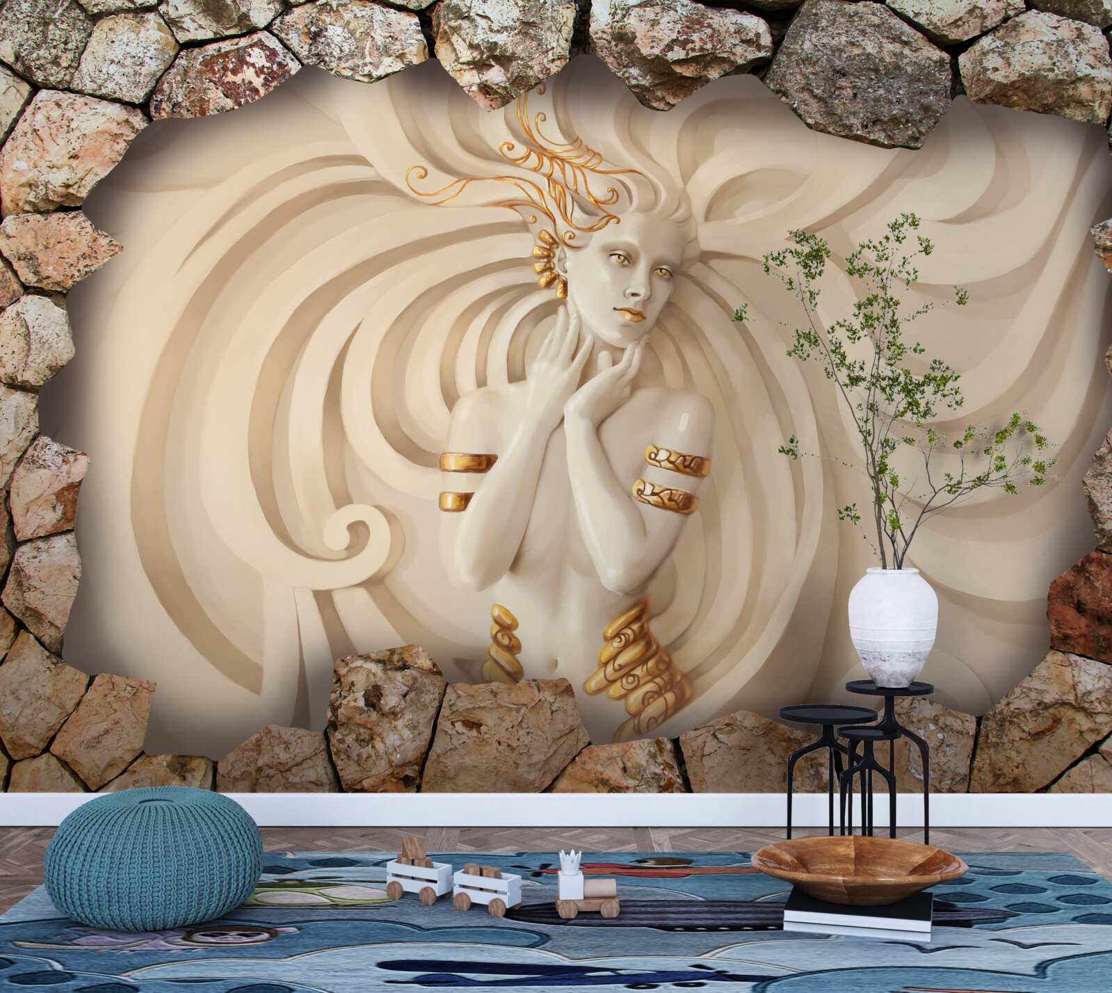 Fototapeta obraz dievčaťa s dlhými vlasmi a zlatom vo vnútri kameňa