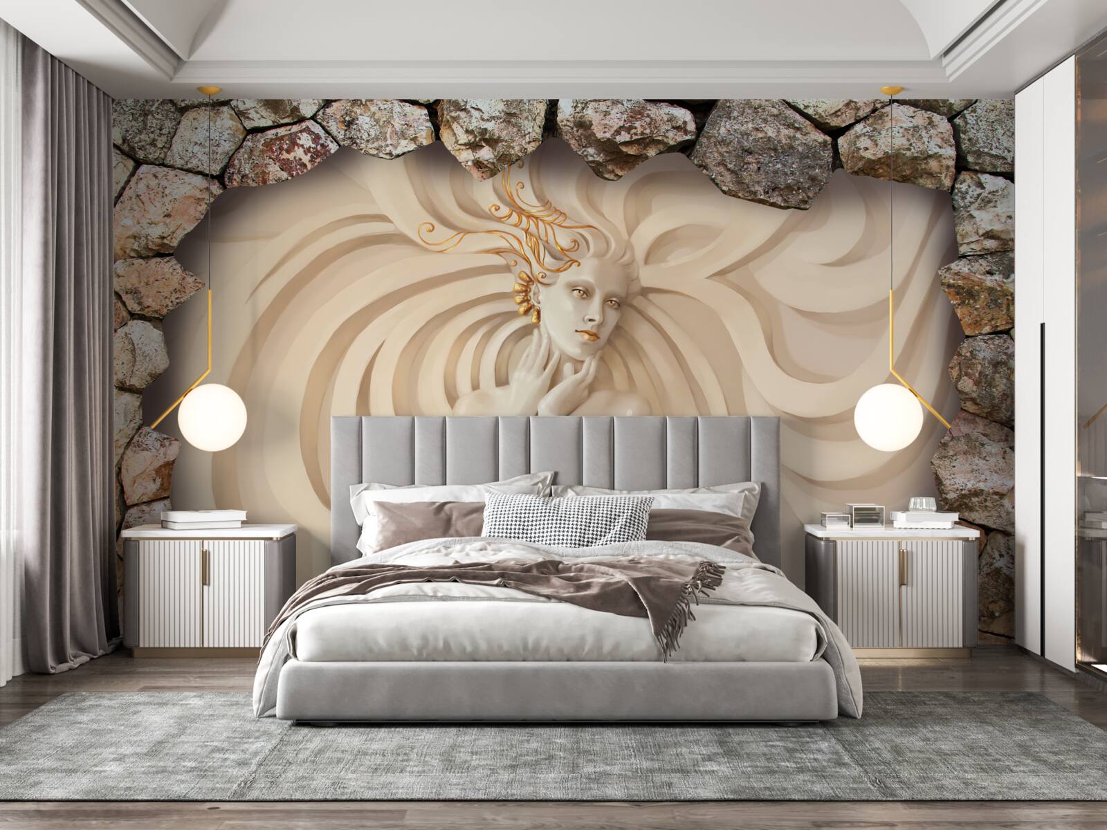 Fototapeta obraz dievčaťa s dlhými vlasmi a zlatom vo vnútri kameňa