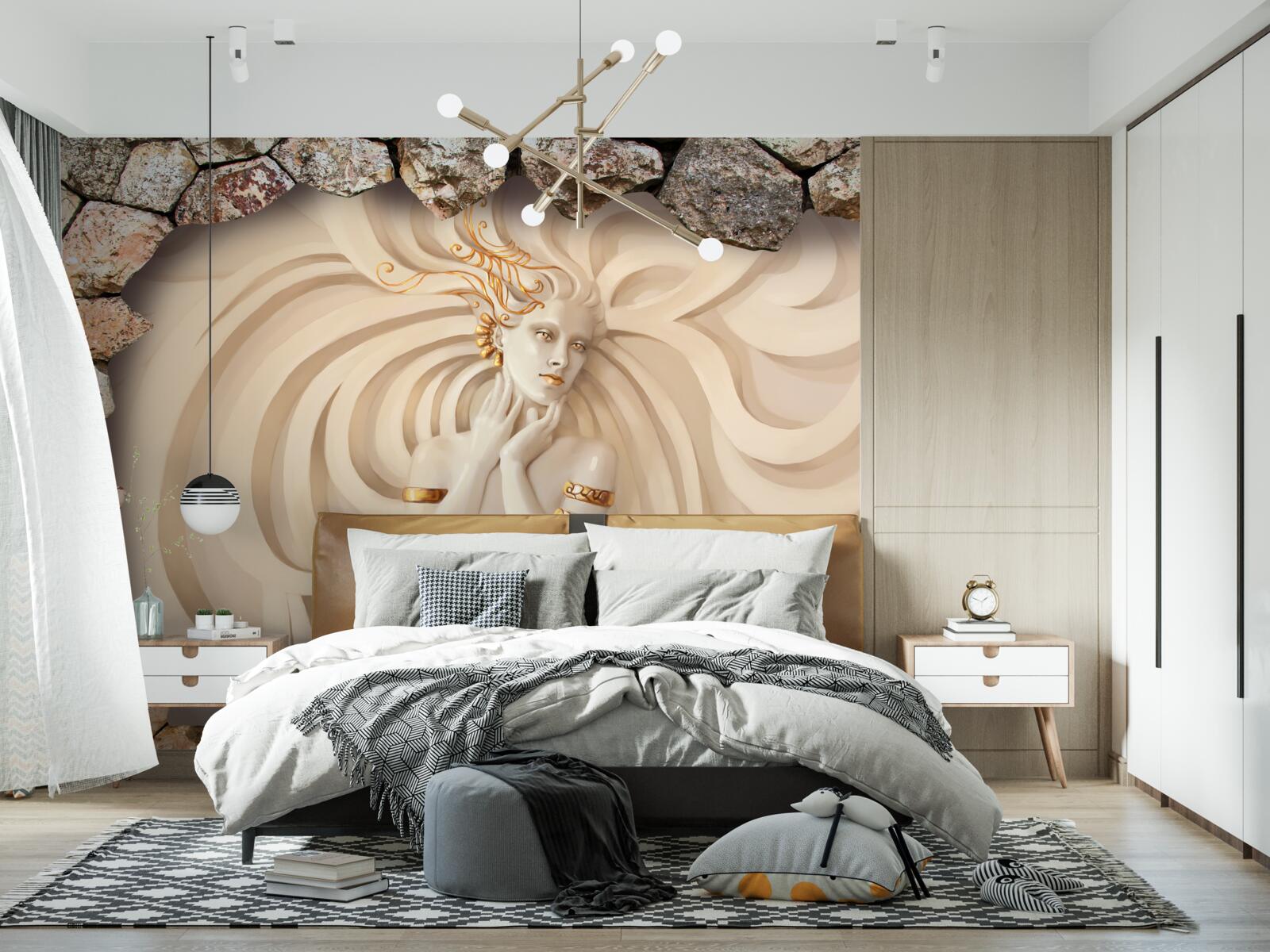 Fototapeta obraz dievčaťa s dlhými vlasmi a zlatom vo vnútri kameňa