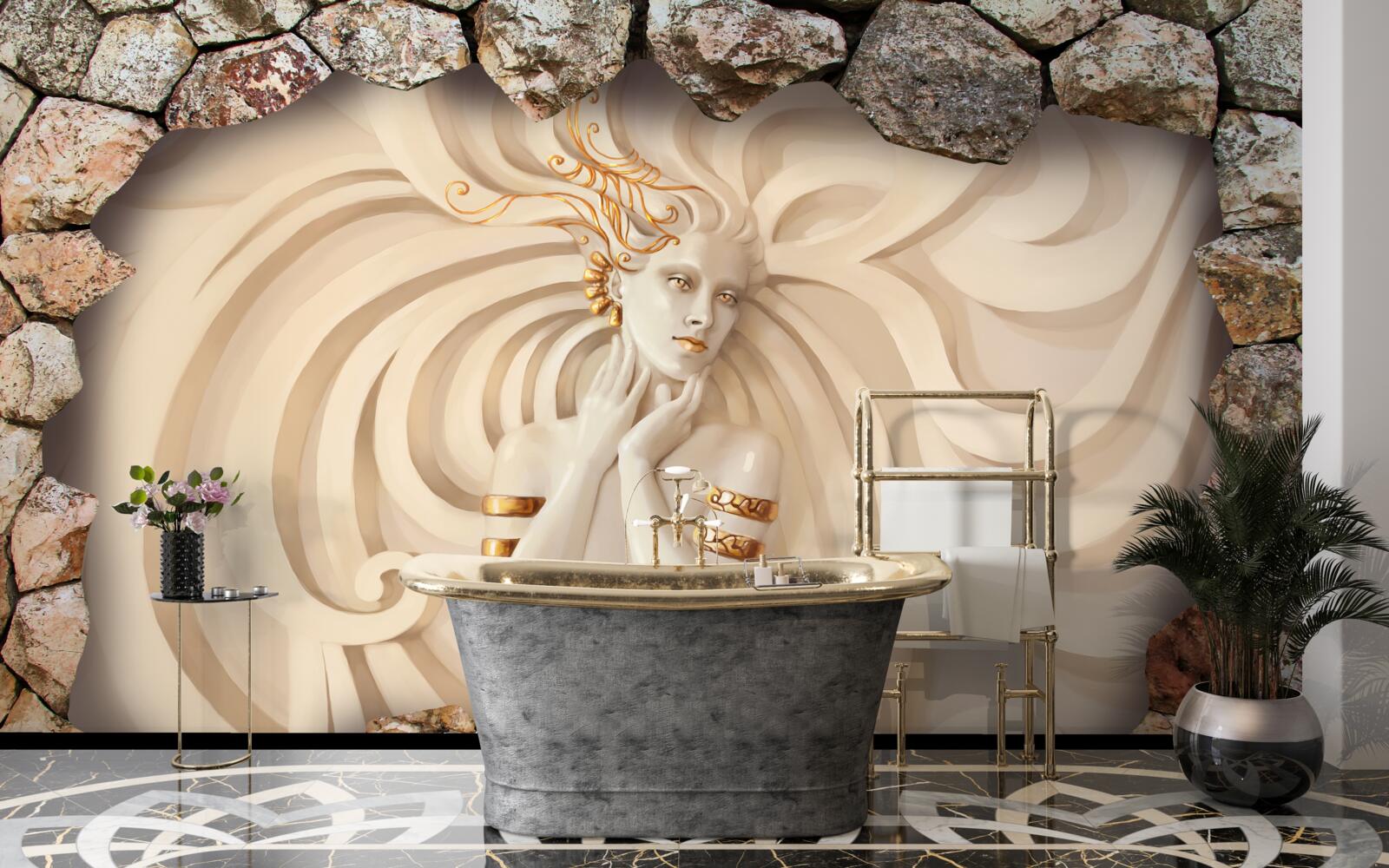 Fototapeta obraz dievčaťa s dlhými vlasmi a zlatom vo vnútri kameňa