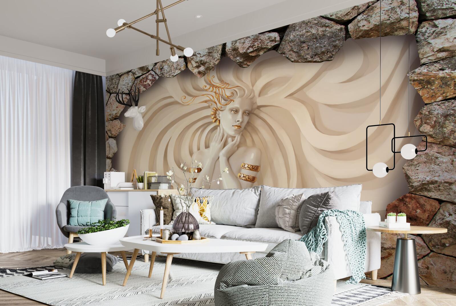 Fototapeta obraz dievčaťa s dlhými vlasmi a zlatom vo vnútri kameňa