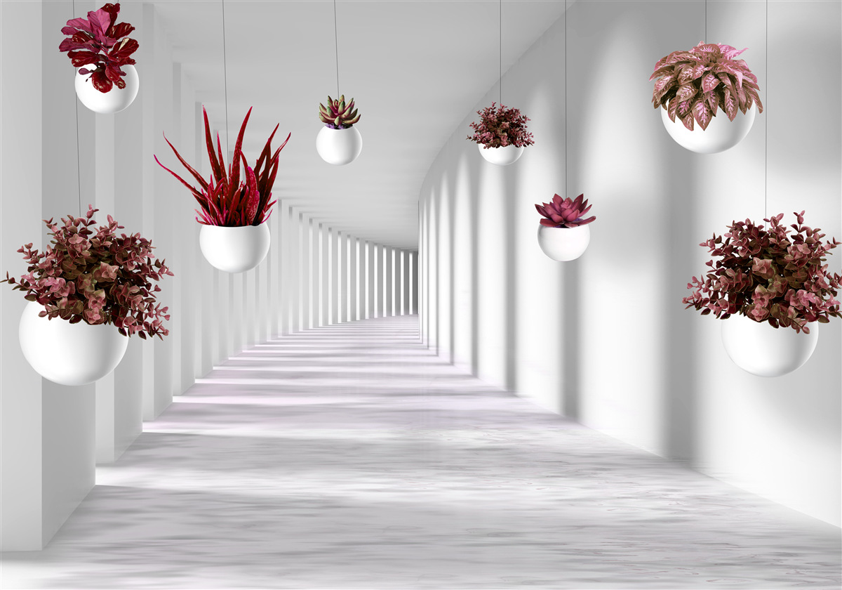 Fototapeta črepníky s kvetmi plávajúcimi vo vzduchu a natretými bielou dyou