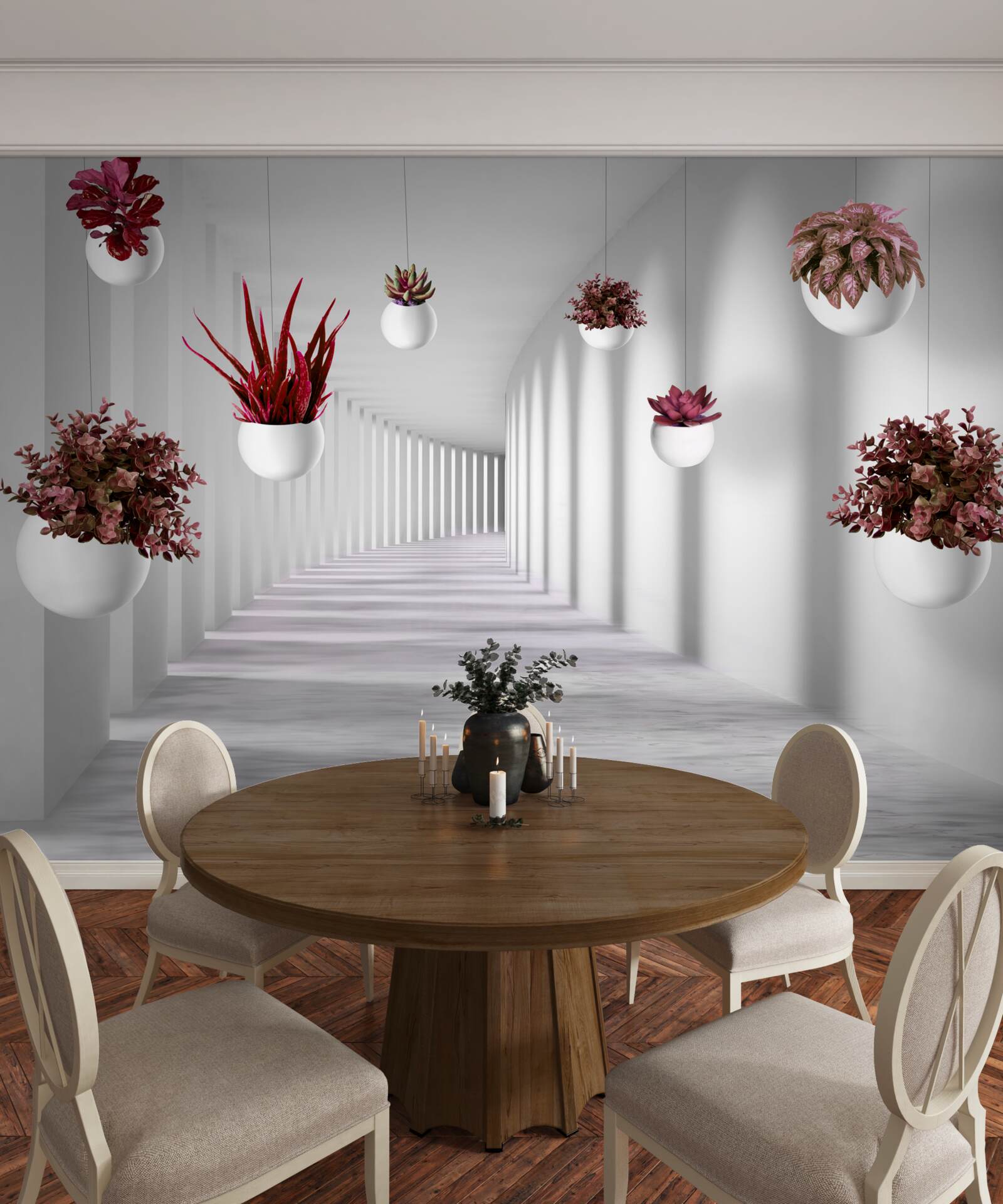 Fototapeta črepníky s kvetmi plávajúcimi vo vzduchu a natretými bielou dyou