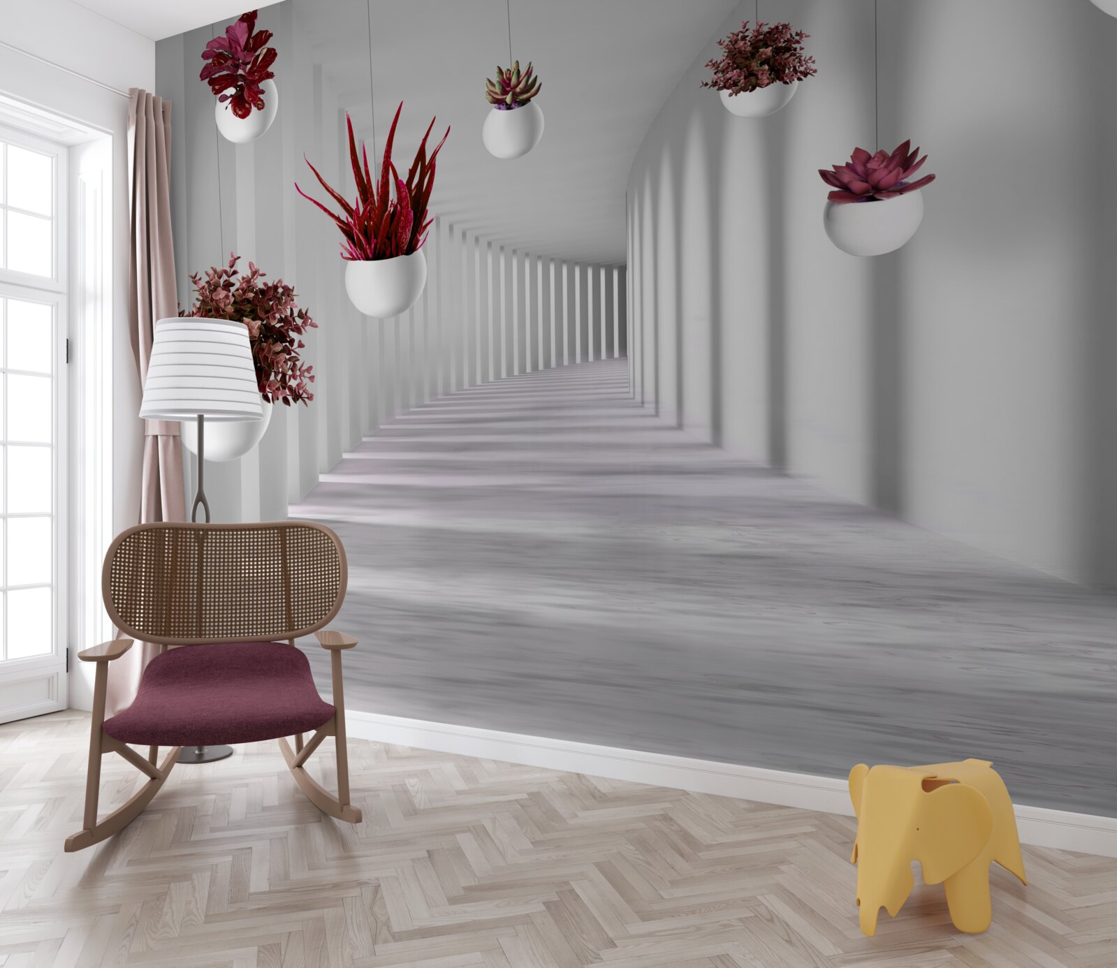 Fototapeta črepníky s kvetmi plávajúcimi vo vzduchu a natretými bielou dyou