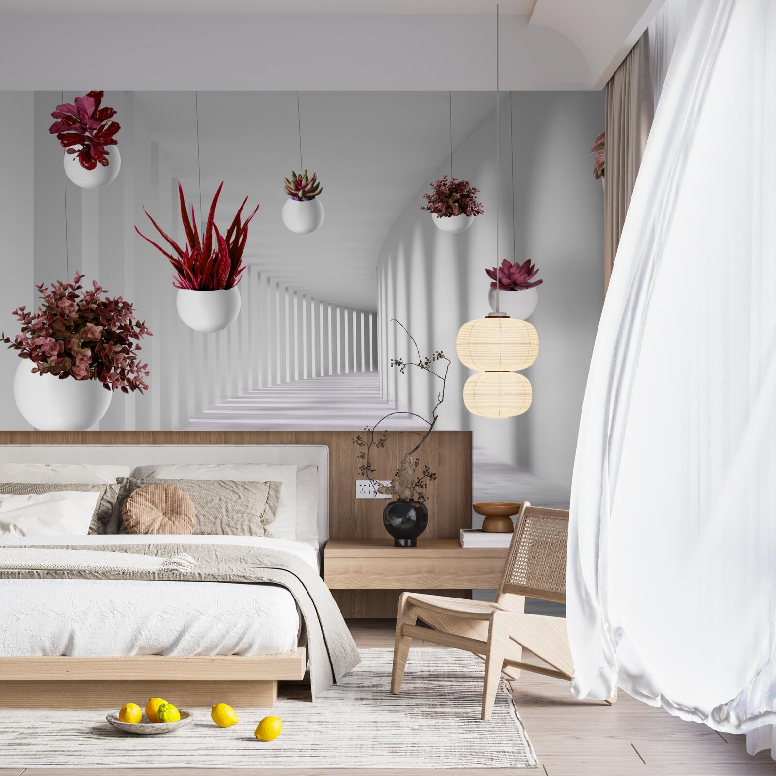 Fototapeta črepníky s kvetmi plávajúcimi vo vzduchu a natretými bielou dyou