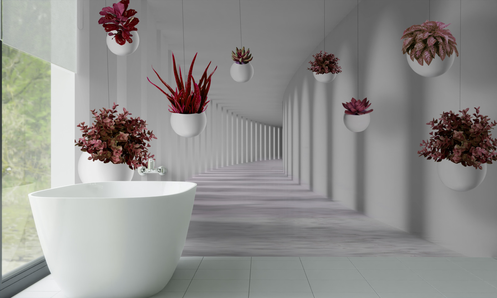 Fototapeta črepníky s kvetmi plávajúcimi vo vzduchu a natretými bielou dyou