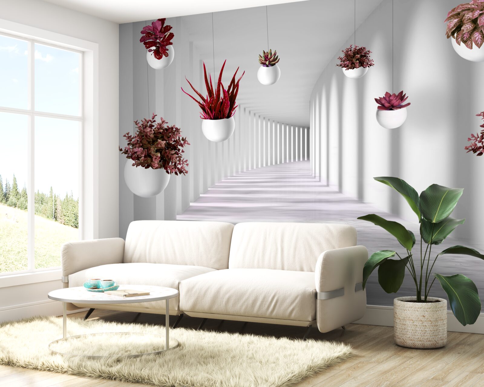 Fototapeta črepníky s kvetmi plávajúcimi vo vzduchu a natretými bielou dyou