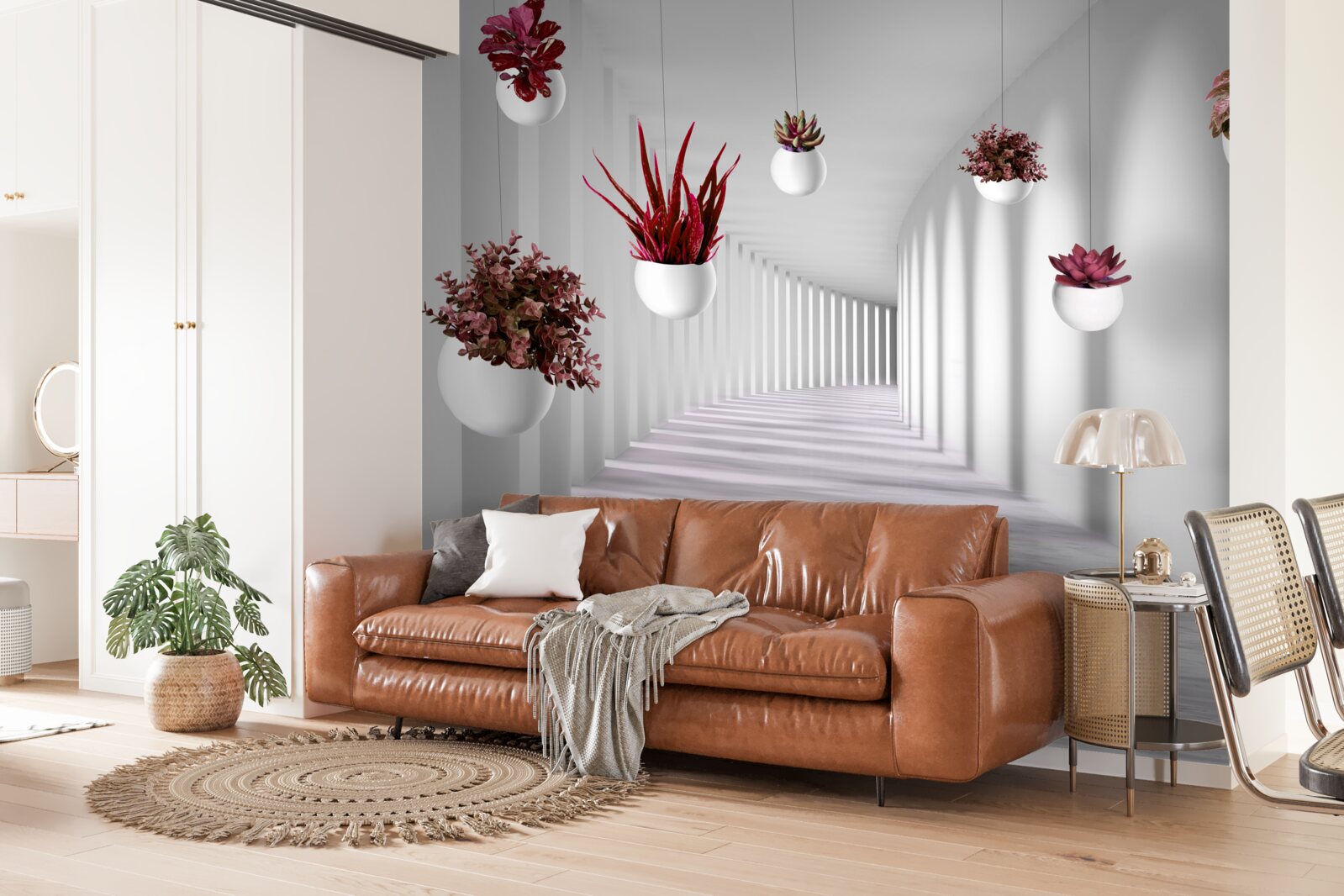 Fototapeta črepníky s kvetmi plávajúcimi vo vzduchu a natretými bielou dyou