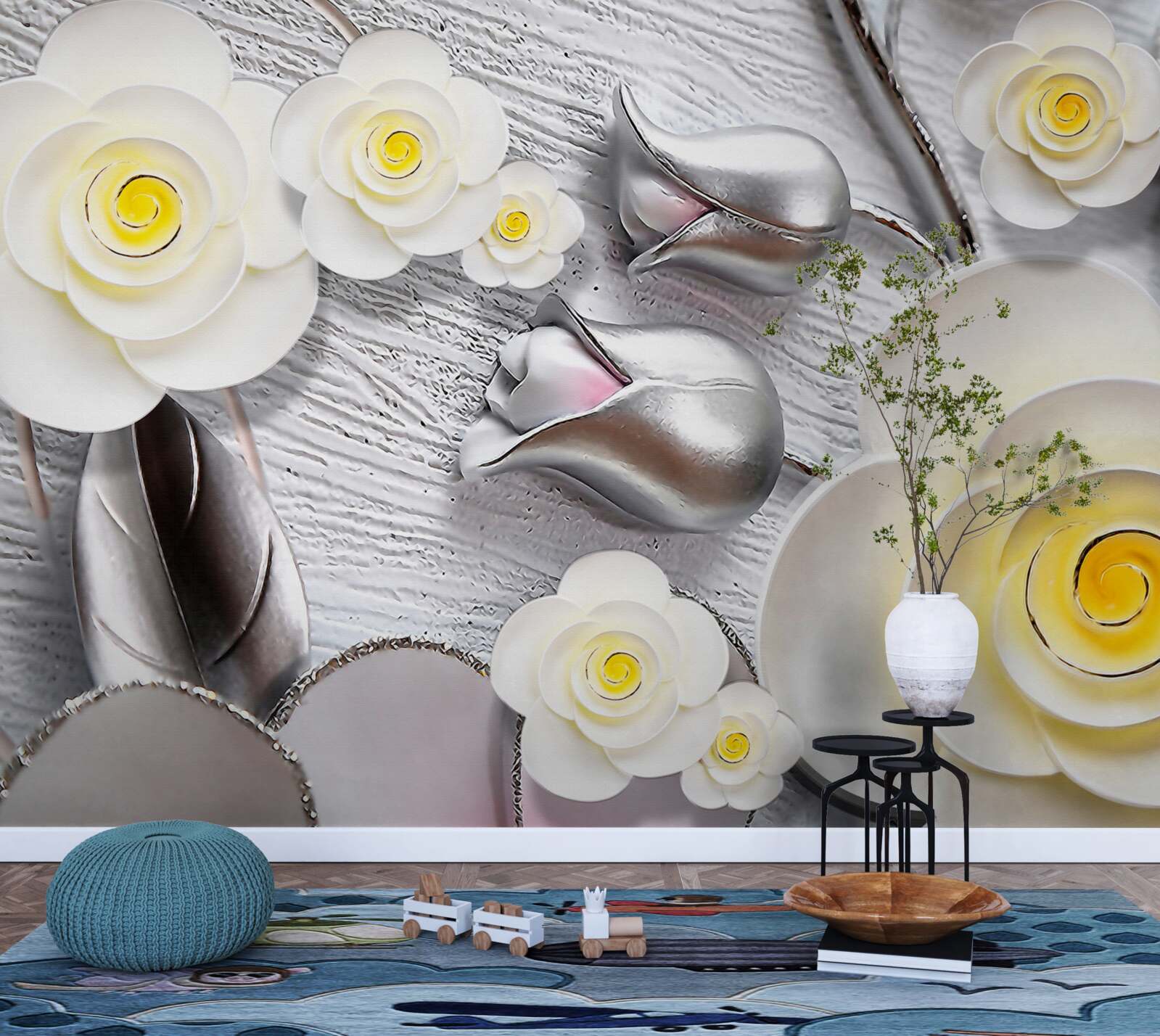 Fototapeta biele porcelánové kvety so žltým stredom