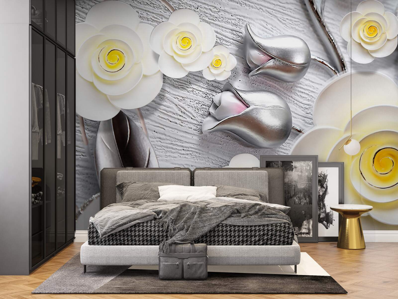 Fototapeta biele porcelánové kvety so žltým stredom