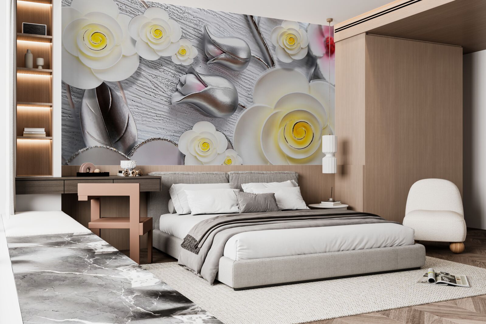 Fototapeta biele porcelánové kvety so žltým stredom