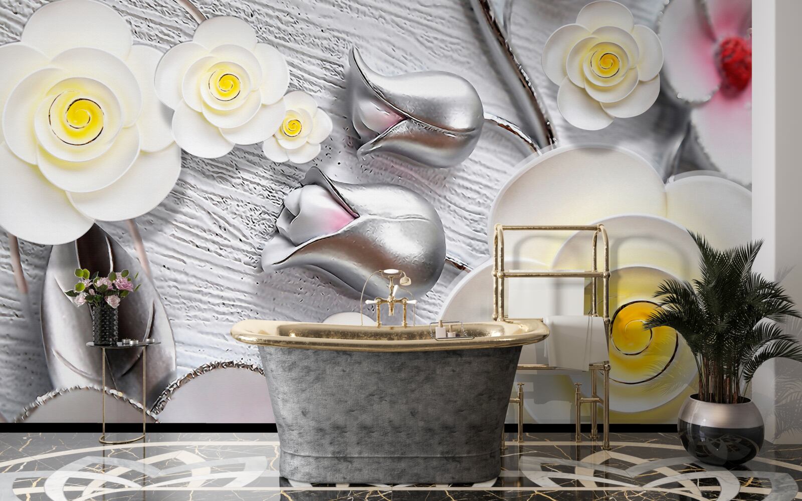 Fototapeta biele porcelánové kvety so žltým stredom