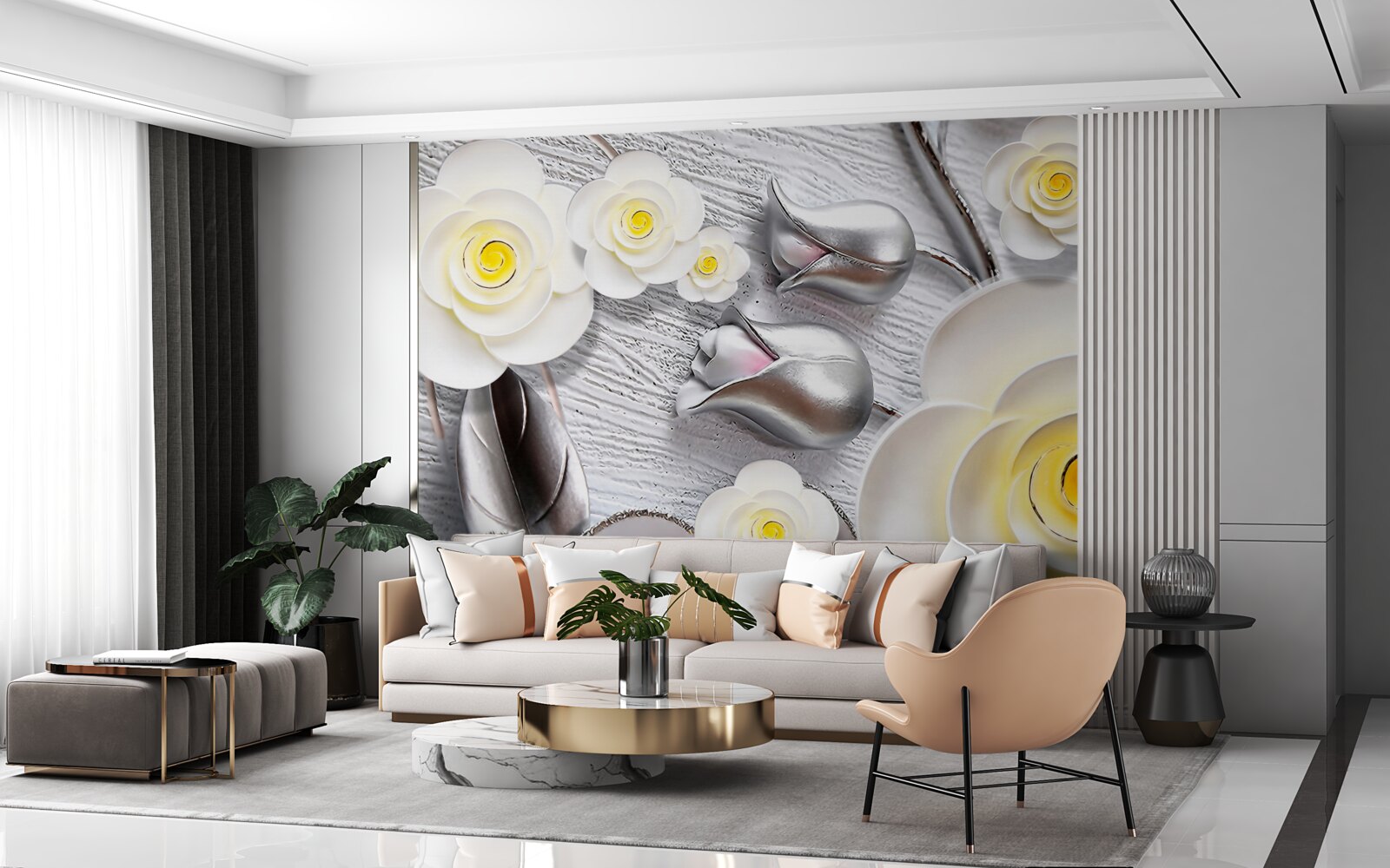 Fototapeta biele porcelánové kvety so žltým stredom