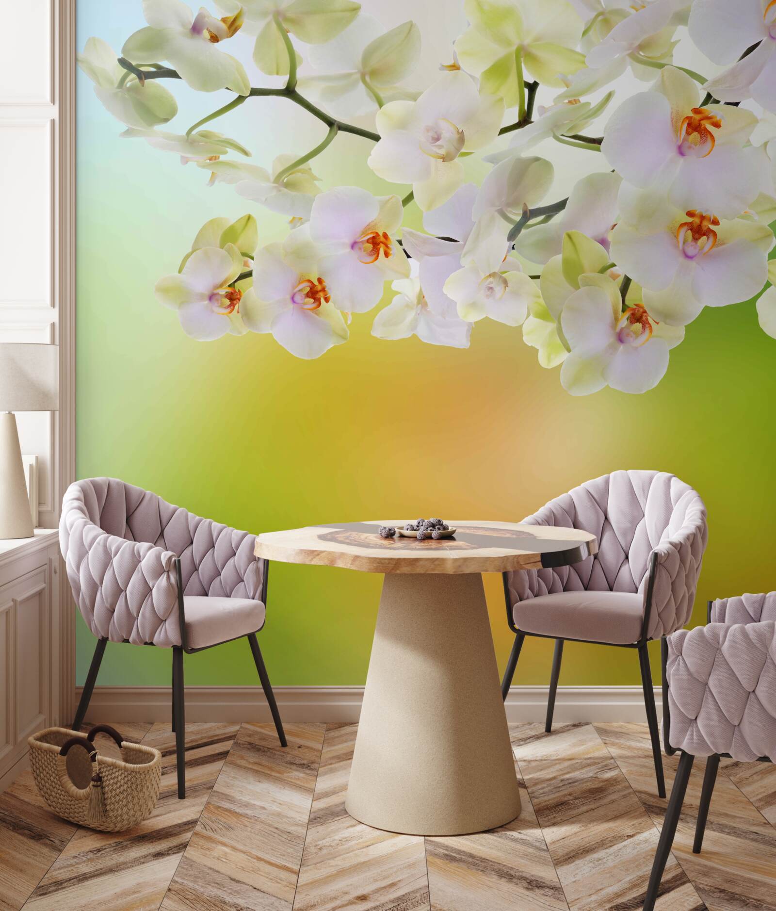 Fototapeta na konároch kvitnú snehobiele púčiky a orchidea