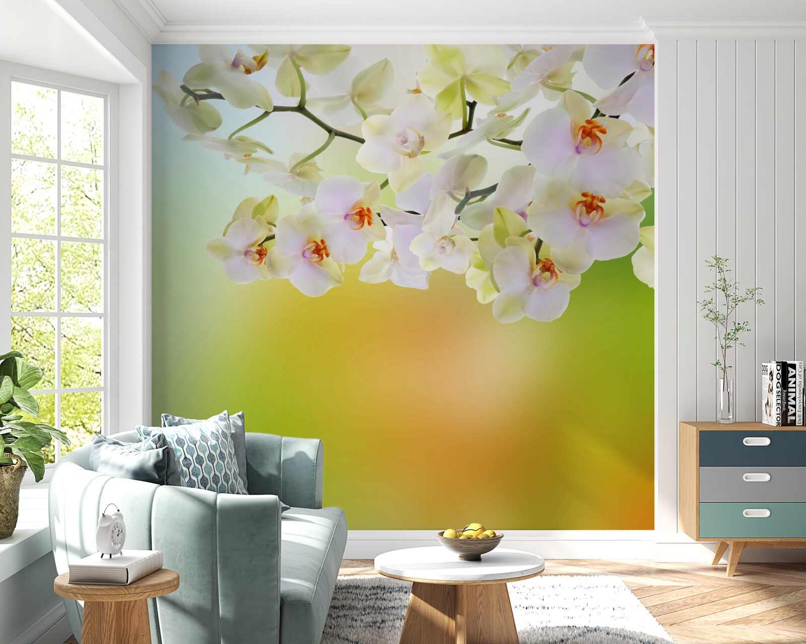 Fototapeta na konároch kvitnú snehobiele púčiky a orchidea