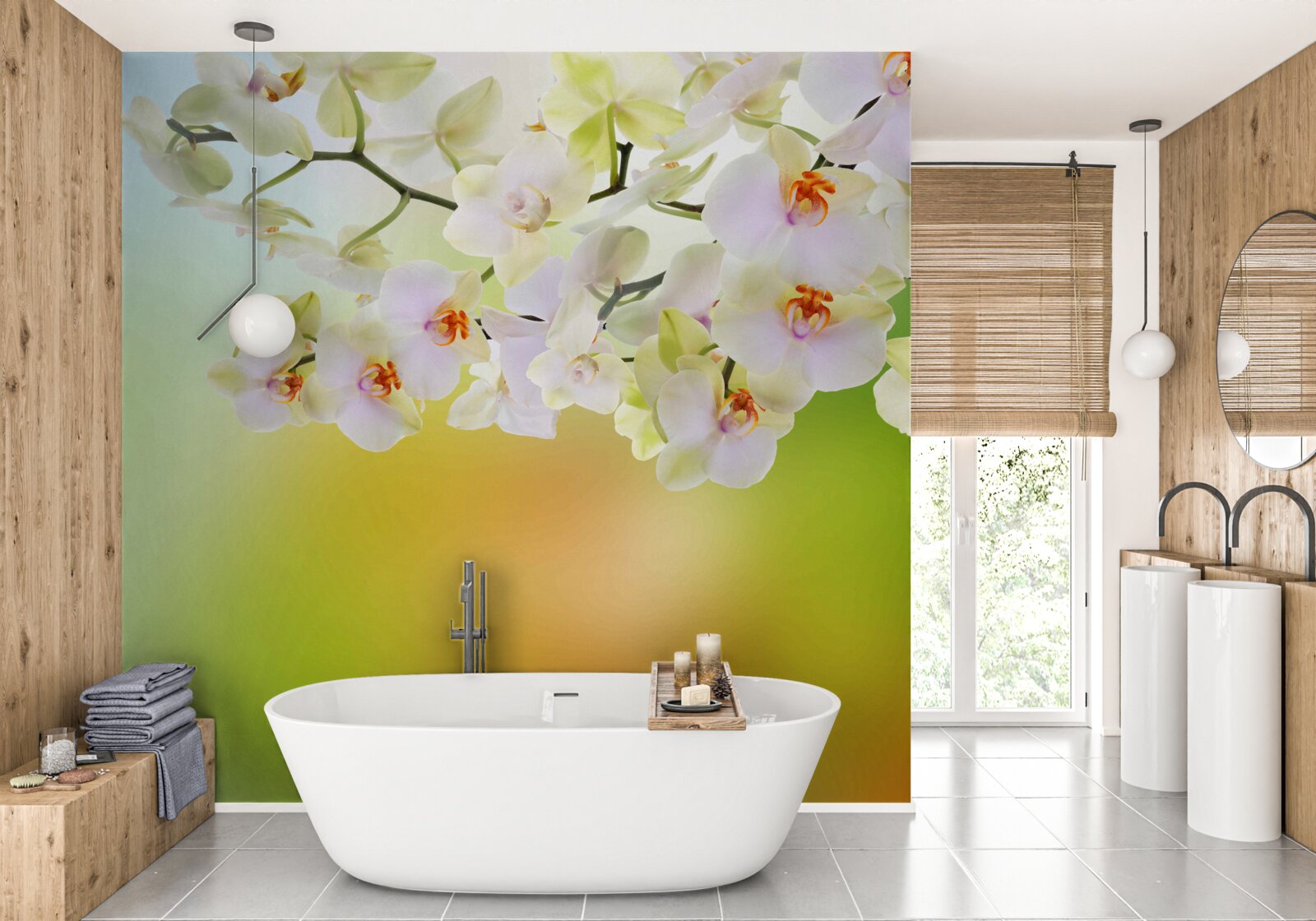 Fototapeta na konároch kvitnú snehobiele púčiky a orchidea