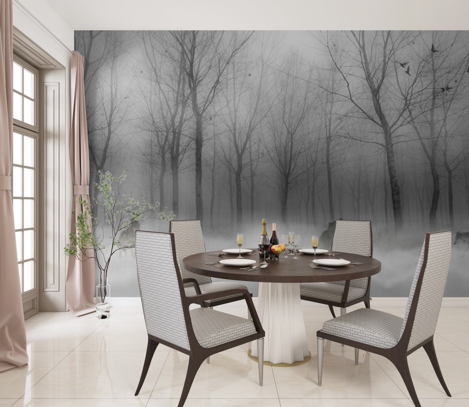 Fototapeta zimný deň v lese, zahalený v hmle