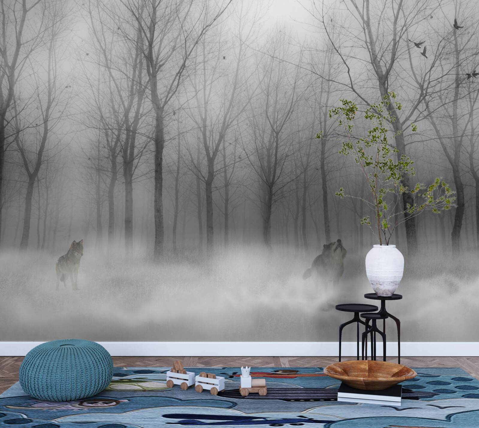 Fototapeta zimný deň v lese, zahalený v hmle