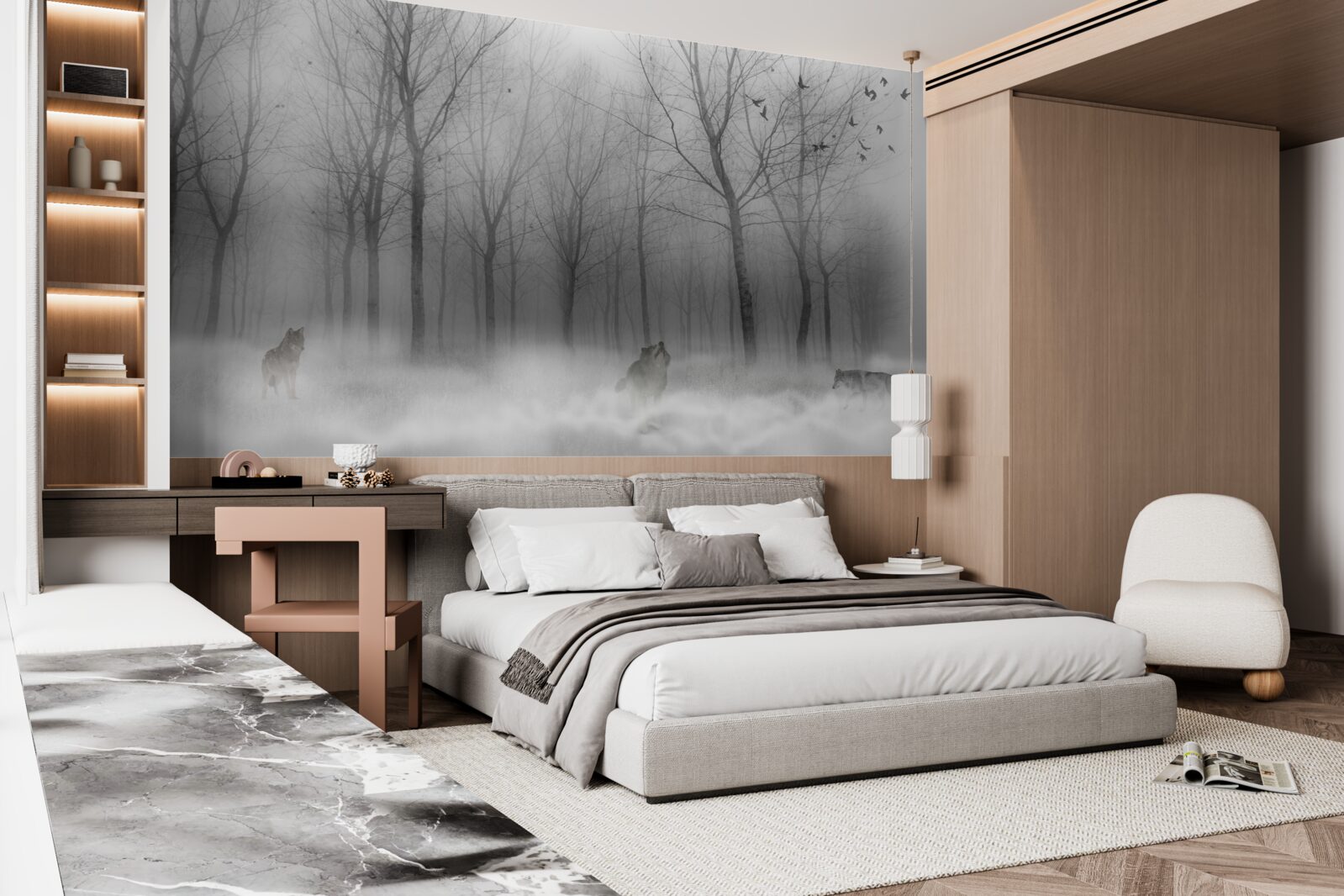 Fototapeta zimný deň v lese, zahalený v hmle