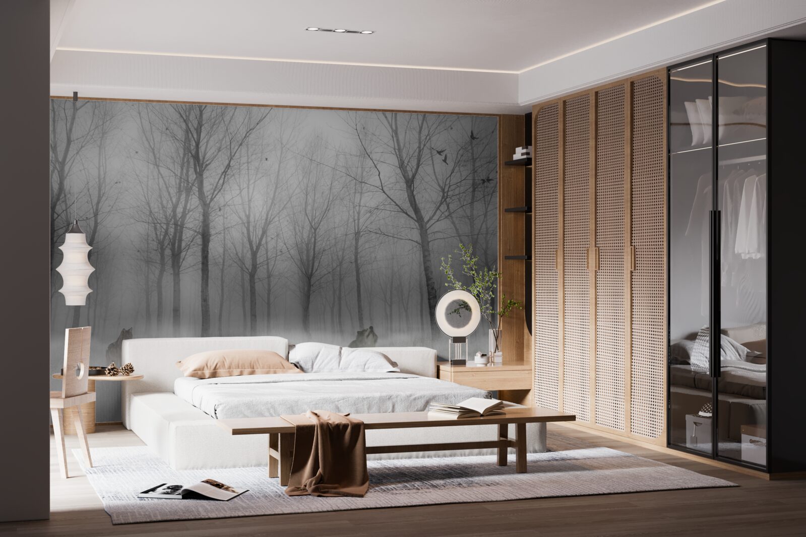 Fototapeta zimný deň v lese, zahalený v hmle