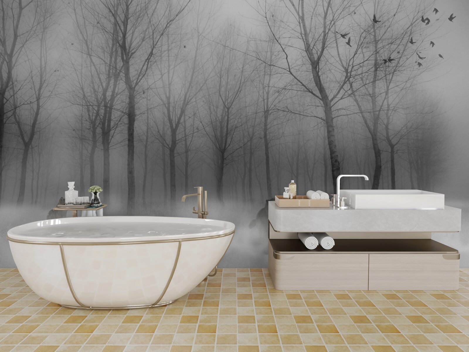 Fototapeta zimný deň v lese, zahalený v hmle