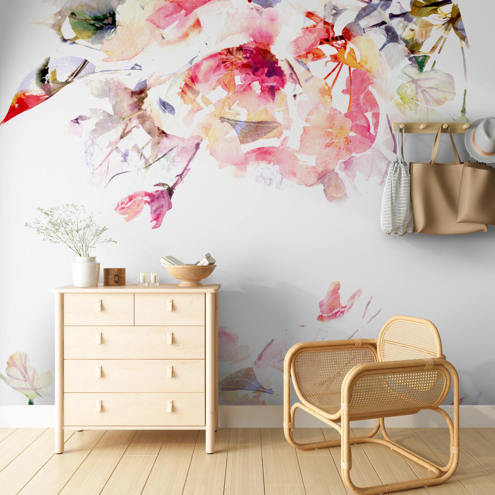 Fototapeta akvarel bude zobrazovať motýle a biele kvety