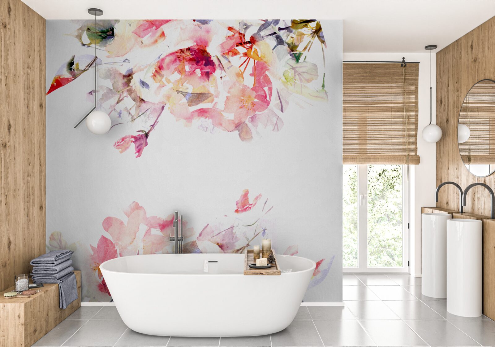 Fototapeta akvarel bude zobrazovať motýle a biele kvety