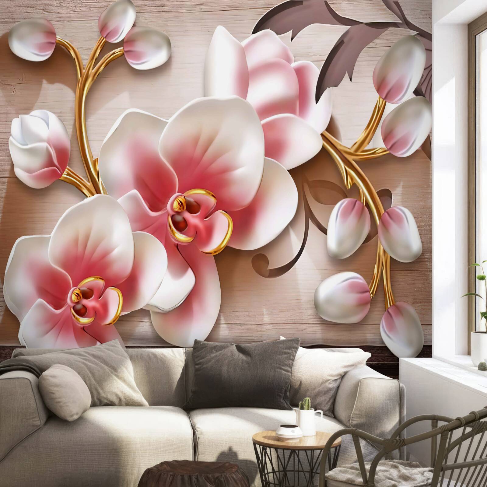 Fototapeta jemné ružové kvety s pôvabnými zlatými vetvičkami