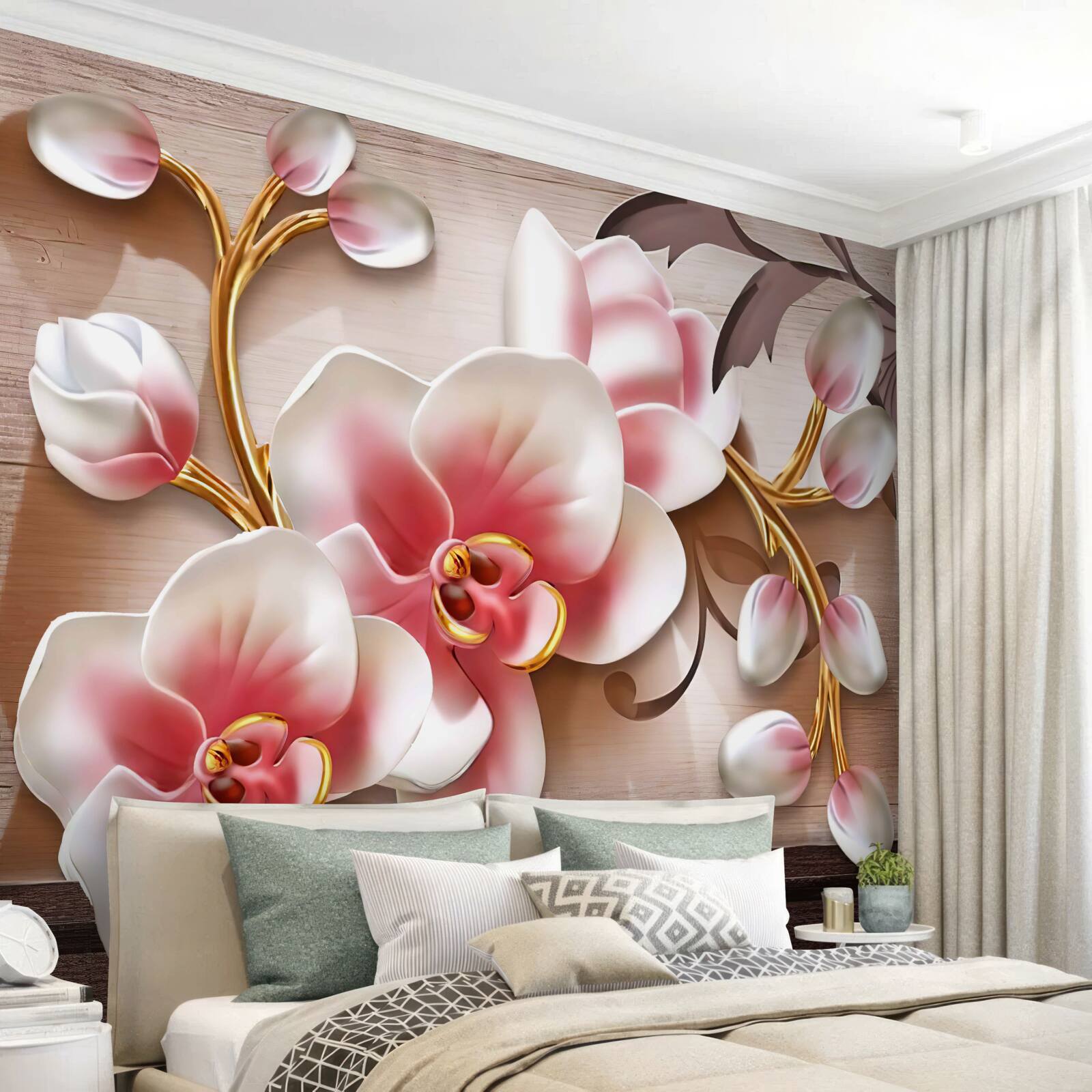 Fototapeta jemné ružové kvety s pôvabnými zlatými vetvičkami