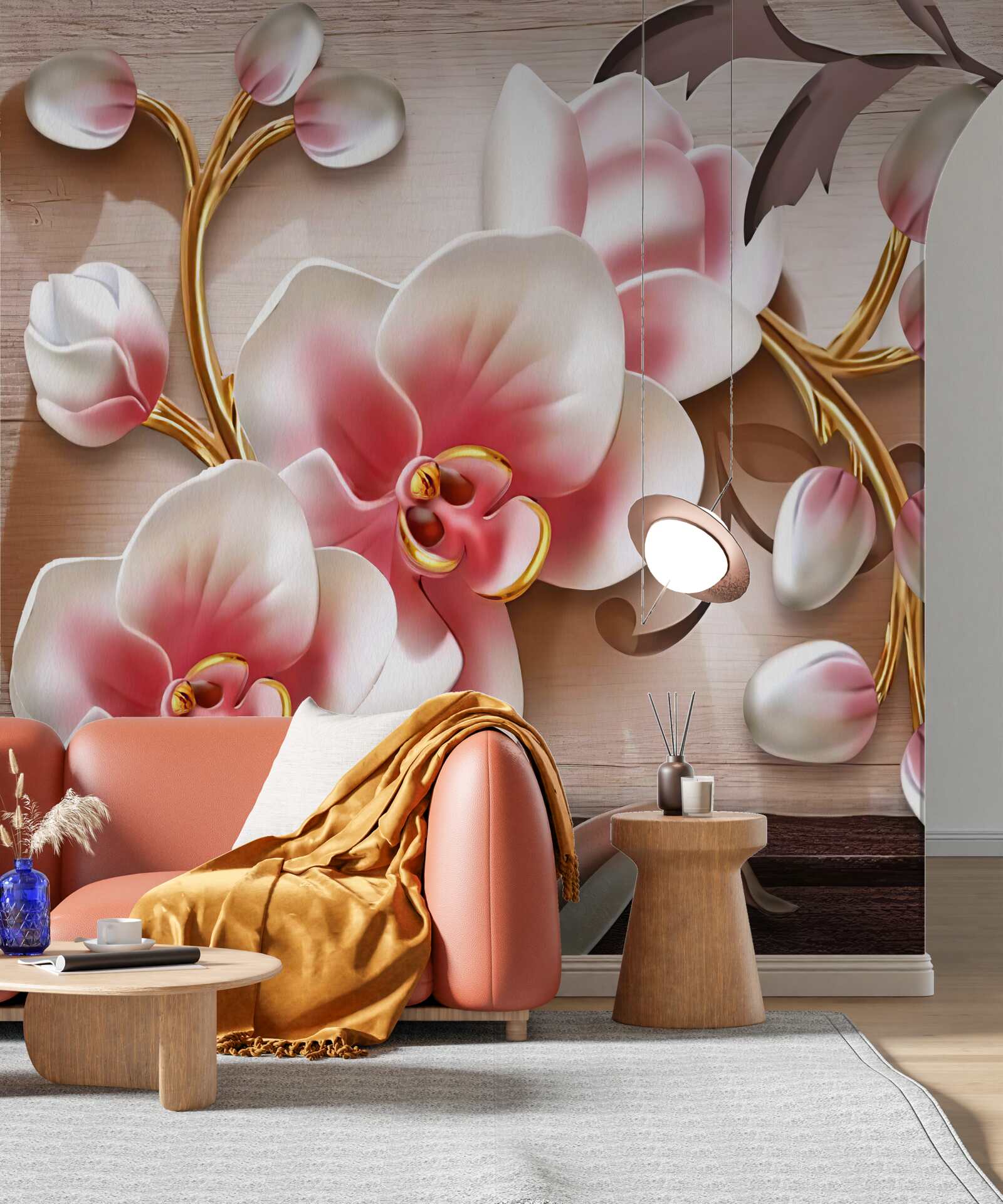 Fototapeta jemné ružové kvety s pôvabnými zlatými vetvičkami