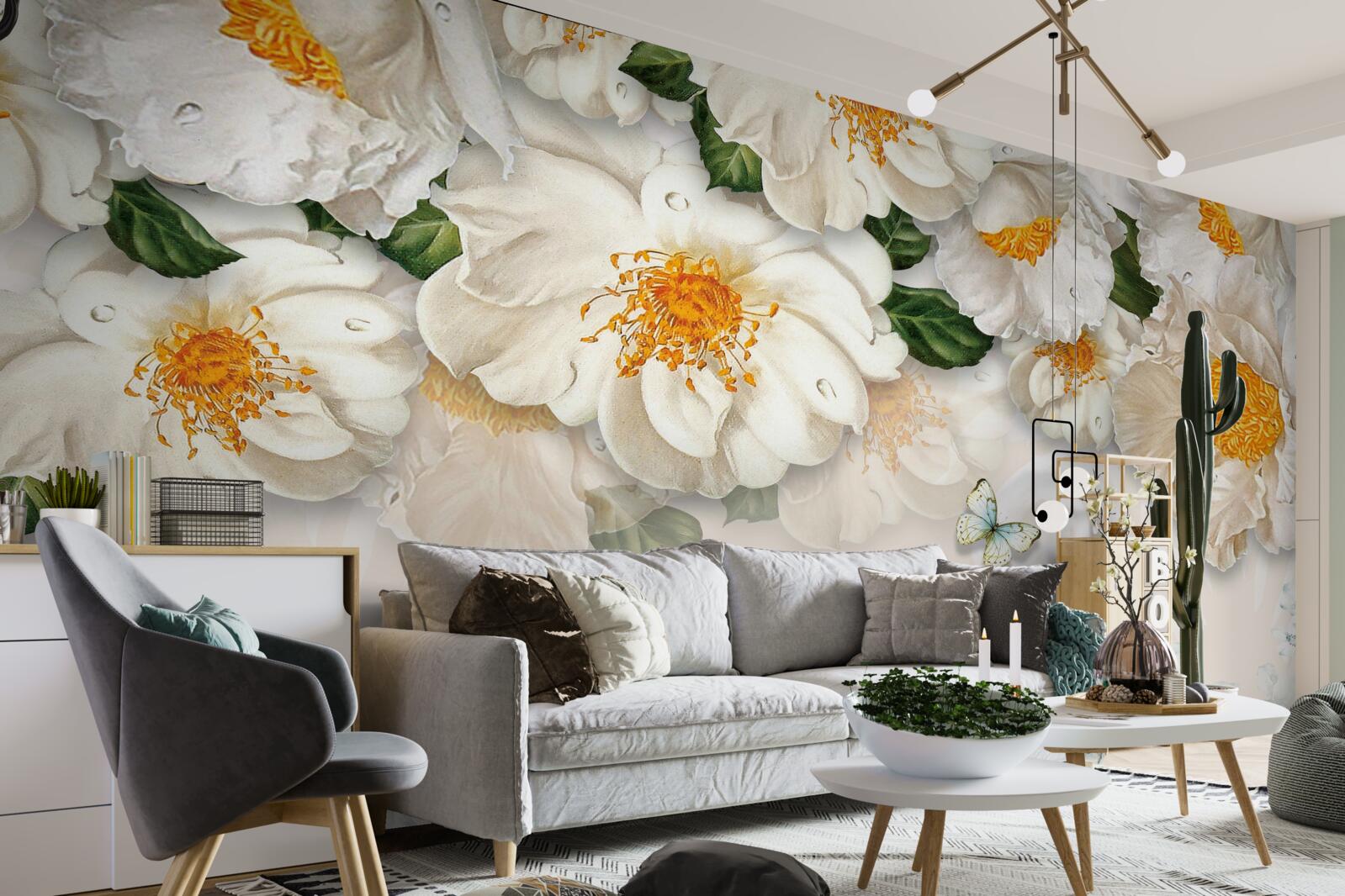 Fototapeta veľké biele kvety so žltým stredom