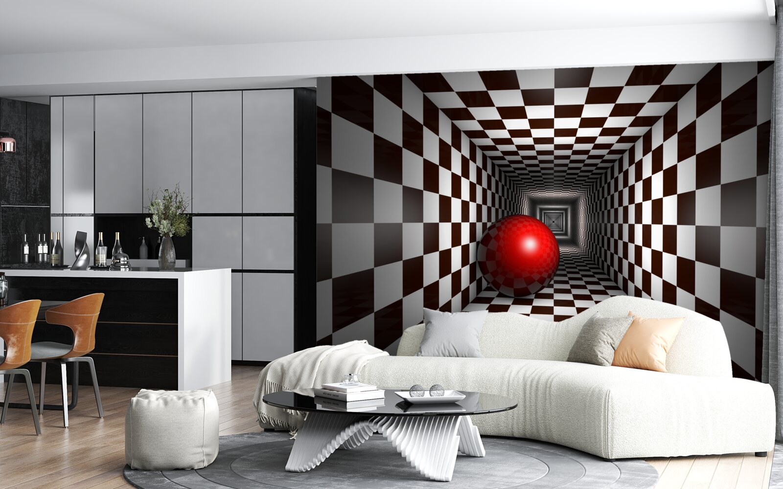 Fototapeta červená guľa v chodbe zdobenej ako šachovnica