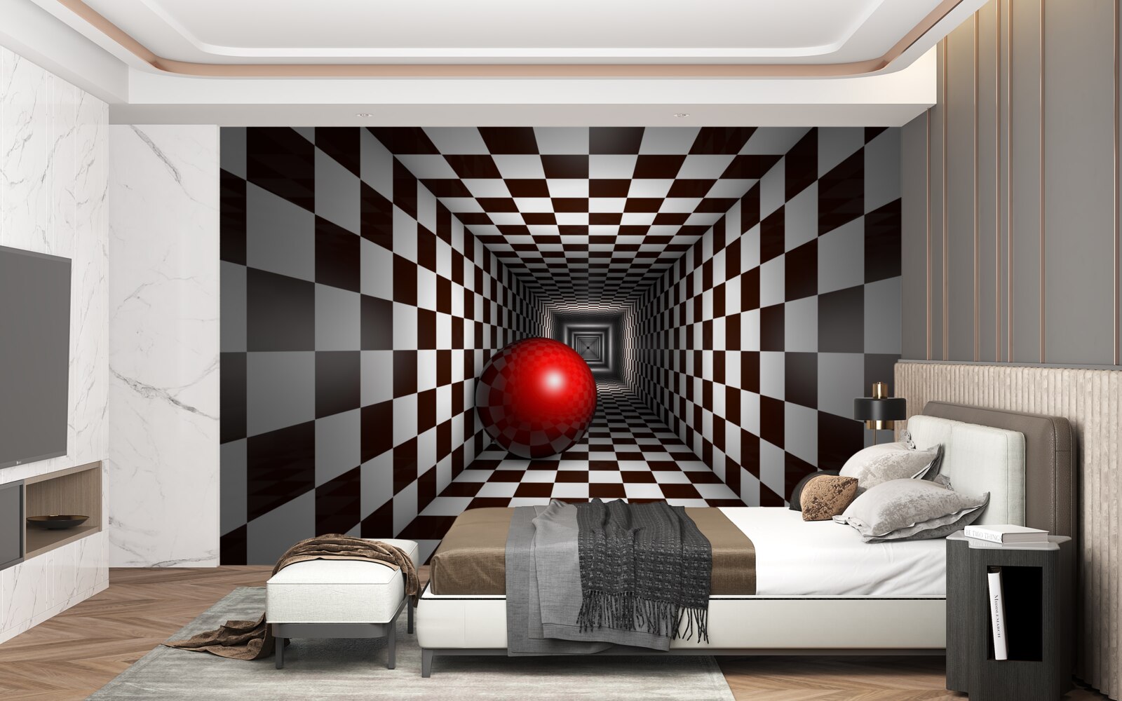 Fototapeta červená guľa v chodbe zdobenej ako šachovnica