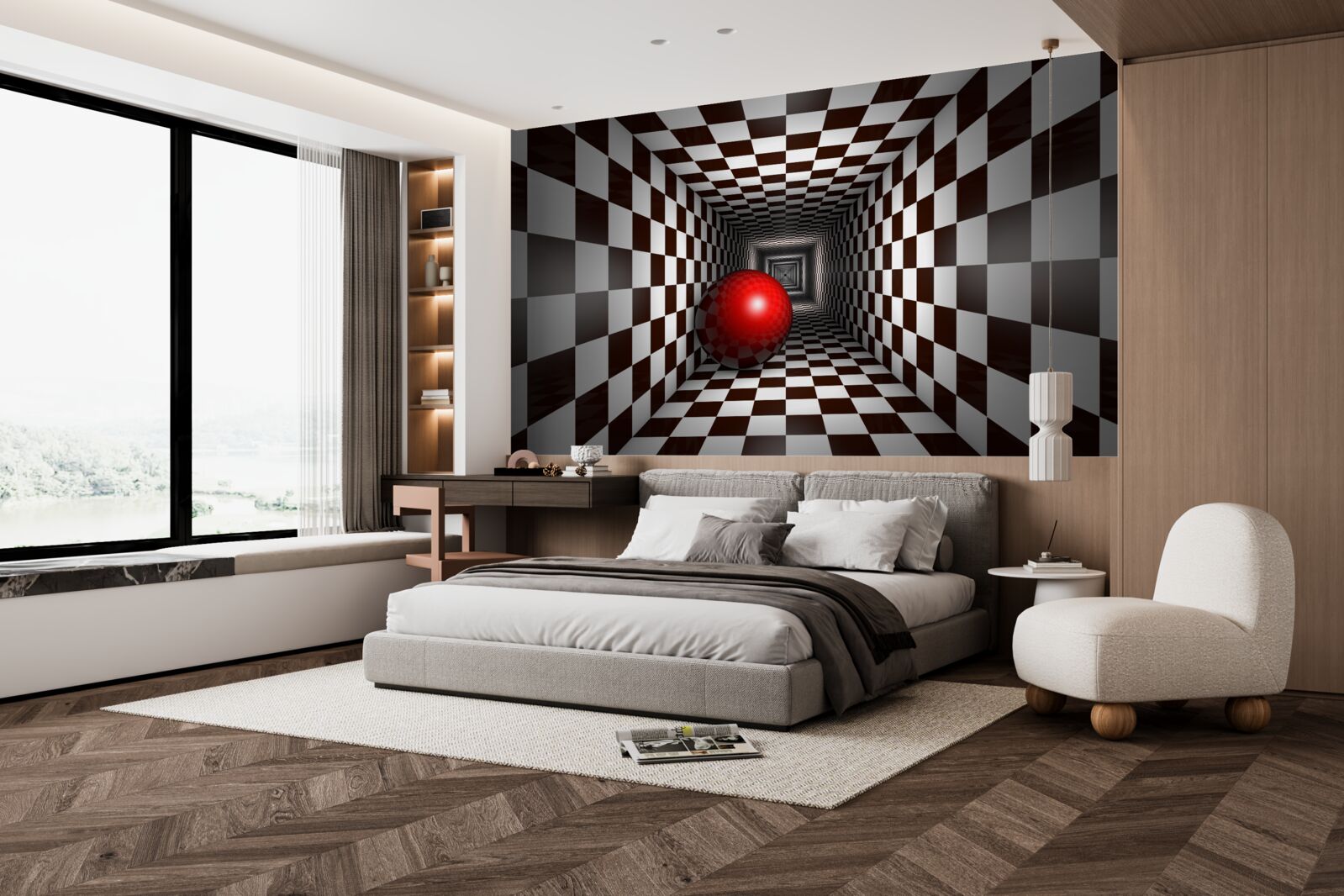 Fototapeta červená guľa v chodbe zdobenej ako šachovnica